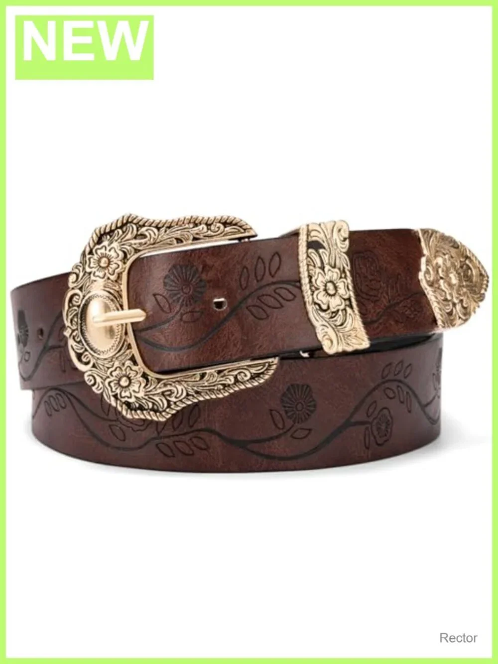 Vintage Cowgirl Western Belt for Women Gold Buckle PU Leather Floral Embossed
